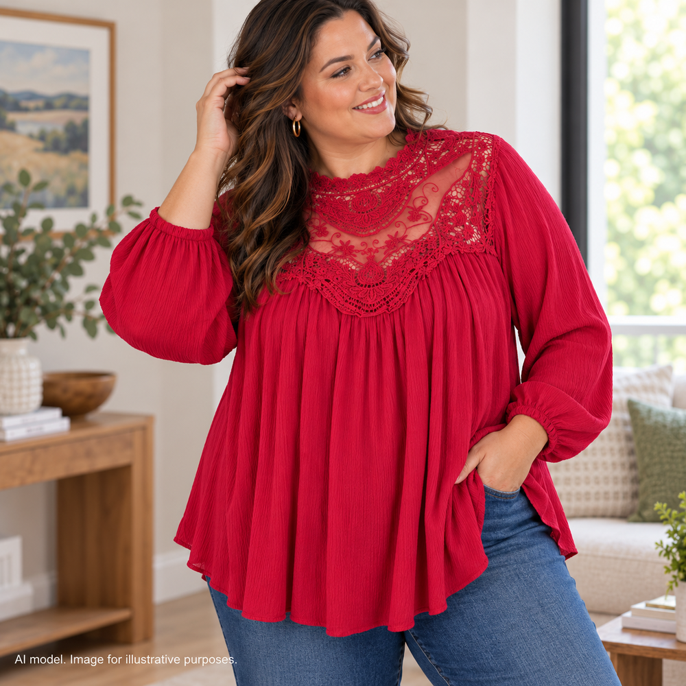 Torrid Shirt 5 Women 5X Red Lace Crinkle Victorian Country Cottagecore Prairie